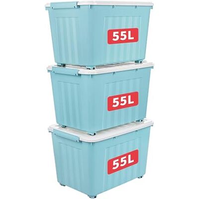 Cetomo 55L*3 Scatole di Stoccaggio con Coperchi, Contenitori in Plastica con Ruote, Clip On, Impilabili, Incastonabili, Organizzatore a Righe per Casa Ufficio, Blu, 55L-3 Pezzi Cetomo 55L*3 Scatole di Stoccaggio con Coperchi, Contenitori in Plastica con Ruote, Clip On, Impilabili, Incastonabili, Organizzatore a Righe per Casa Ufficio, Blu, 55L-3 Pezzi
