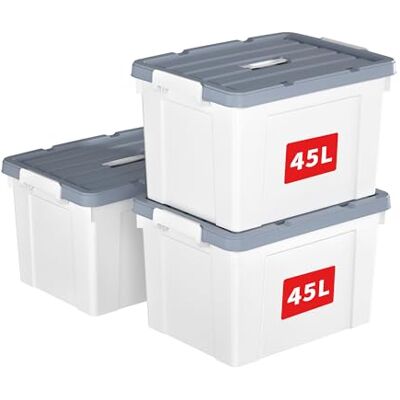 Cetomo 45L*3 Scatole di Stoccaggio in Plastica, Scatole Portaoggetti con Coperchio, Organizzatore con Manico, Contenitori per Casa e Ufficio, Impilabile, Resistente, Bianco, 45L Confezione da 3 Cetomo 45L*3 Scatole di Stoccaggio in Plastica, Scatole Portaoggetti con Coperchio, Organizzatore con Manico, Contenitori per Casa e Ufficio, Impilabile, Resistente, Bianco, 45L Confezione da 3