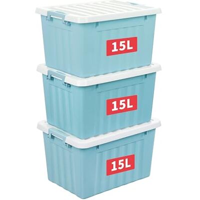 Cetomo 15L*3 Scatole di Stoccaggio con Coperchi, Contenitori in Plastica con Fibbie di Chiusura, Clip On, Impilabili, Incastonabili, Organizzatore a Righe per Casa Ufficio, Blu, 15L-3 Pezzi Cetomo 15L*3 Scatole di Stoccaggio con Coperchi, Contenitori in Plastica con Fibbie di Chiusura, Clip On, Impilabili, Incastonabili, Organizzatore a Righe per Casa Ufficio, Blu, 15L-3 Pezzi