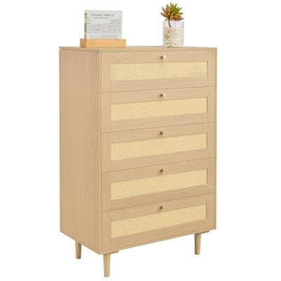 VEVOR Credenza con Armadio Rattan Intrecciato da 70,2 x 40 x 106,5 cm, Carico di 13,61 kg con 5 Cassetti e Maniglie in Metallo, Mobiletto Moderno in Rattan per Camera da Letto, Soggiorno, Corridoio VEVOR Credenza con Armadio Rattan Intrecciato da 70,2 x 40 x 106,5 cm, Carico di 13,61 kg con 5 Cassetti e Maniglie in Metallo, Mobiletto Moderno in Rattan per Camera da Letto, Soggiorno, Corridoio