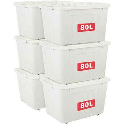 Cetomo 80L*6 Scatole di Stoccaggio con Coperchi, Contenitori in Plastica con Ruote, Clip On, Impilabili, Incastonabili, Organizzatore a Righe per Casa Ufficio, Bianco, 80L-6 Pezzi Cetomo 80L*6 Scatole di Stoccaggio con Coperchi, Contenitori in Plastica con Ruote, Clip On, Impilabili, Incastonabili, Organizzatore a Righe per Casa Ufficio, Bianco, 80L-6 Pezzi