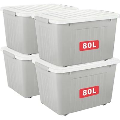 Cetomo 80L*4 Scatole di Stoccaggio con Coperchi, Contenitori in Plastica con Ruote, Clip On, Impilabili, Incastonabili, Organizzatore a Righe per Casa Ufficio, Grigio, 80L-4 Pezzi Cetomo 80L*4 Scatole di Stoccaggio con Coperchi, Contenitori in Plastica con Ruote, Clip On, Impilabili, Incastonabili, Organizzatore a Righe per Casa Ufficio, Grigio, 80L-4 Pezzi