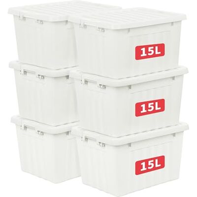 Cetomo 15L*6 Scatole di Stoccaggio con Coperchi, Contenitori in Plastica con Fibbie di Chiusura, Clip On, Impilabili, Incastonabili, Organizzatore a Righe per Casa Ufficio, Bianco, 15L-6 Pezzi Cetomo 15L*6 Scatole di Stoccaggio con Coperchi, Contenitori in Plastica con Fibbie di Chiusura, Clip On, Impilabili, Incastonabili, Organizzatore a Righe per Casa Ufficio, Bianco, 15L-6 Pezzi