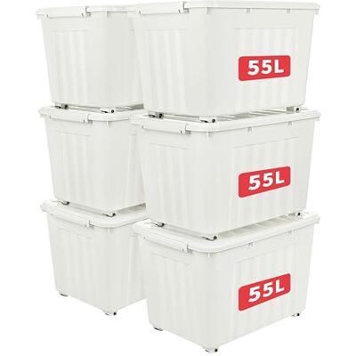 Cetomo 55L*6 Scatole di Stoccaggio con Coperchi, Contenitori in Plastica con Ruote, Clip On, Impilabili, Incastonabili, Organizzatore a Righe per Casa Ufficio, Bianco, 55L-6 Pezzi Cetomo 55L*6 Scatole di Stoccaggio con Coperchi, Contenitori in Plastica con Ruote, Clip On, Impilabili, Incastonabili, Organizzatore a Righe per Casa Ufficio, Bianco, 55L-6 Pezzi
