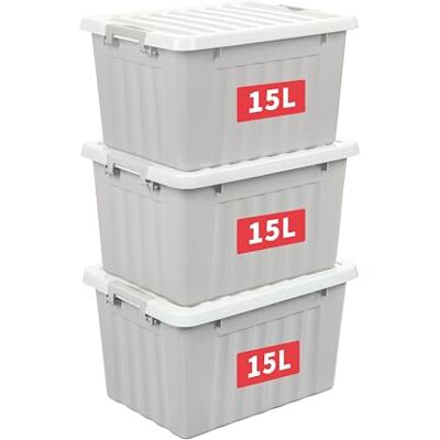 Cetomo 15L*3 Scatole di Stoccaggio con Coperchi, Contenitori in Plastica con Fibbie di Chiusura, Clip On, Impilabili, Incastonabili, Organizzatore a Righe per Casa Ufficio, Grigio, 15L-3 Pezzi Cetomo 15L*3 Scatole di Stoccaggio con Coperchi, Contenitori in Plastica con Fibbie di Chiusura, Clip On, Impilabili, Incastonabili, Organizzatore a Righe per Casa Ufficio, Grigio, 15L-3 Pezzi