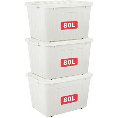 Cetomo 80L*3 Scatole di Stoccaggio con Coperchi, Contenitori in Plastica con Ruote, Clip On, Impilabili, Incastonabili, Organizzatore a Righe per Casa Ufficio, Bianco, 80L-3 Pezzi Cetomo 80L*3 Scatole di Stoccaggio con Coperchi, Contenitori in Plastica con Ruote, Clip On, Impilabili, Incastonabili, Organizzatore a Righe per Casa Ufficio, Bianco, 80L-3 Pezzi