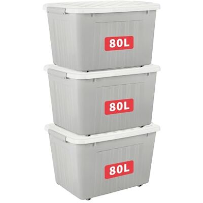 Cetomo 80L*3 Scatole di Stoccaggio con Coperchi, Contenitori in Plastica con Ruote, Clip On, Impilabili, Incastonabili, Organizzatore a Righe per Casa Ufficio, Grigio, 80L-3 Pezzi Cetomo 80L*3 Scatole di Stoccaggio con Coperchi, Contenitori in Plastica con Ruote, Clip On, Impilabili, Incastonabili, Organizzatore a Righe per Casa Ufficio, Grigio, 80L-3 Pezzi