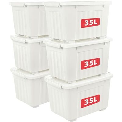 Cetomo 35L*6 Scatole di Stoccaggio con Coperchi, Contenitori in Plastica con Ruote, Clip On, Impilabili, Incastonabili, Organizzatore a Righe per Casa Ufficio, Bianco, 35L-6 Pezzi Cetomo 35L*6 Scatole di Stoccaggio con Coperchi, Contenitori in Plastica con Ruote, Clip On, Impilabili, Incastonabili, Organizzatore a Righe per Casa Ufficio, Bianco, 35L-6 Pezzi