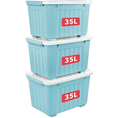 Cetomo 35L*3 Scatole di Stoccaggio con Coperchi, Contenitori in Plastica con Ruote, Clip On, Impilabili, Incastonabili, Organizzatore a Righe per Casa Ufficio, Blu, 35L-3 Pezzi Cetomo 35L*3 Scatole di Stoccaggio con Coperchi, Contenitori in Plastica con Ruote, Clip On, Impilabili, Incastonabili, Organizzatore a Righe per Casa Ufficio, Blu, 35L-3 Pezzi