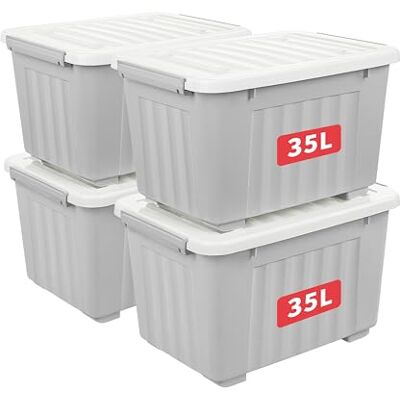 Cetomo 35L*4 Scatole di Stoccaggio con Coperchi, Contenitori in Plastica con Ruote, Clip On, Impilabili, Incastonabili, Organizzatore a Righe per Casa Ufficio, Grigio, 35L-4 Pezzi Cetomo 35L*4 Scatole di Stoccaggio con Coperchi, Contenitori in Plastica con Ruote, Clip On, Impilabili, Incastonabili, Organizzatore a Righe per Casa Ufficio, Grigio, 35L-4 Pezzi