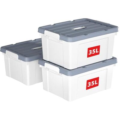 Cetomo 35L*3 Scatole di Stoccaggio in Plastica, Scatole Portaoggetti con Coperchio, Organizzatore con Manico, Contenitori per Casa e Ufficio, Impilabile, Resistente, Bianco, 35L Confezione da 3 Cetomo 35L*3 Scatole di Stoccaggio in Plastica, Scatole Portaoggetti con Coperchio, Organizzatore con Manico, Contenitori per Casa e Ufficio, Impilabile, Resistente, Bianco, 35L Confezione da 3