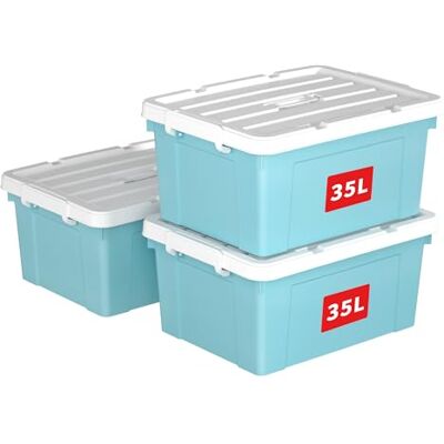 Cetomo 35L*3 Scatole di Stoccaggio in Plastica, Scatole Portaoggetti con Coperchio, Organizzatore con Manico, Contenitori per Casa e Ufficio, Impilabile, Resistente, Blu, 35L Confezione da 3 Cetomo 35L*3 Scatole di Stoccaggio in Plastica, Scatole Portaoggetti con Coperchio, Organizzatore con Manico, Contenitori per Casa e Ufficio, Impilabile, Resistente, Blu, 35L Confezione da 3