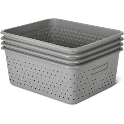Amazon Basics , Cestini Decorativi In Plastica Senza BPA, 34,7 x 28,8 x 13,7, Grigio, Confezione da 4 Amazon Basics , Cestini Decorativi In Plastica Senza BPA, 34,7 x 28,8 x 13,7, Grigio, Confezione da 4