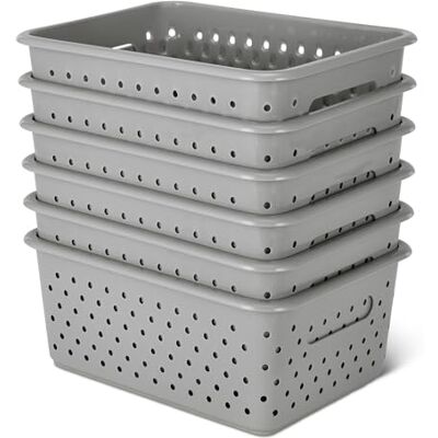 Amazon Basics Cestini Decorativi In Plastica Senza BPA, 25,2 x 18,8 x 10,56, Grigio, Confezione da 6 Amazon Basics Cestini Decorativi In Plastica Senza BPA, 25,2 x 18,8 x 10,56, Grigio, Confezione da 6
