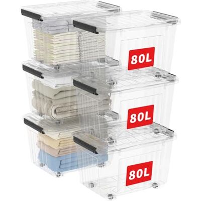 Cetomo 80L*6 Scatole di Stoccaggio con Coperchi, Contenitori in Plastica con Ruote, Clip On, Impilabili, Incastonabili, Organizzatore a Righe per Casa Ufficio, Trasparente, 80L-6 Pezzi Cetomo 80L*6 Scatole di Stoccaggio con Coperchi, Contenitori in Plastica con Ruote, Clip On, Impilabili, Incastonabili, Organizzatore a Righe per Casa Ufficio, Trasparente, 80L-6 Pezzi