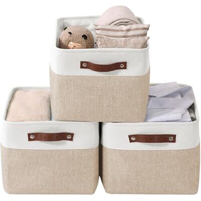DECOMOMO Cesto portaoggetti pieghevole in tessuto robusto con manici per l'organizzazione di scaffali, cameretta dei bambini, armadietto giocattolo (beige e bianco, grande, 3 pezzi) DECOMOMO Cesto portaoggetti pieghevole in tessuto robusto con manici per l'organizzazione di scaffali, cameretta dei bambini, armadietto giocattolo (beige e bianco, grande, 3 pezzi)