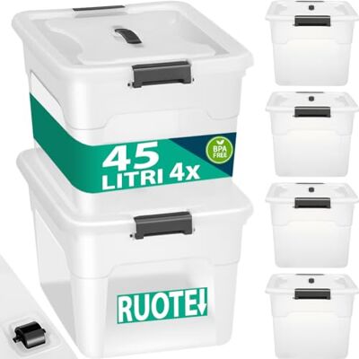 BAKAJI Set 4 Contenitori con Coperchio per Vesiti in Plastica con Ruote, Portaoggetti Impilabile per Stoccaggio Vestiti, Scatole per armadio, Giocattoli, Libri, Salvaspazio (4 x 45 Lt Alto) BAKAJI Set 4 Contenitori con Coperchio per Vesiti in Plastica con Ruote, Portaoggetti Impilabile per Stoccaggio Vestiti, Scatole per armadio, Giocattoli, Libri, Salvaspazio (4 x 45 Lt Alto)