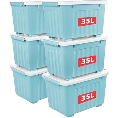 Cetomo 35L*6 Scatole di Stoccaggio con Coperchi, Contenitori in Plastica con Ruote, Clip On, Impilabili, Incastonabili, Organizzatore a Righe per Casa Ufficio, Blu, 35L-6 Pezzi Cetomo 35L*6 Scatole di Stoccaggio con Coperchi, Contenitori in Plastica con Ruote, Clip On, Impilabili, Incastonabili, Organizzatore a Righe per Casa Ufficio, Blu, 35L-6 Pezzi