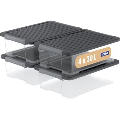 Rotho CORE Plus Scatole portaoggetti con coperchio, robuste maniglie in plastica richiudibili, per alimenti, trasparente/nero (4 x 30 l) Rotho CORE Plus Scatole portaoggetti con coperchio, robuste maniglie in plastica richiudibili, per alimenti, trasparente/nero (4 x 30 l)