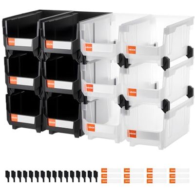 VEVOR Contenitori Impilabili in Plastica, 377 x 215 x 180 mm, 12 Pezzi, Contenitori in Plastica per Organizzare Oggetti in Armadio, Garage, Forniture per Ufficio, Altri Accessori, Nero e Trasparente VEVOR Contenitori Impilabili in Plastica, 377 x 215 x 180 mm, 12 Pezzi, Contenitori in Plastica per Organizzare Oggetti in Armadio, Garage, Forniture per Ufficio, Altri Accessori, Nero e Trasparente