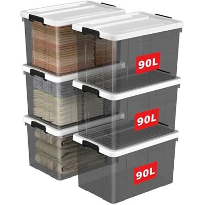 Cetomo 90L*6 Scatole di Stoccaggio in Plastica, Scatole Portaoggetti con Coperchio, Organizzatore, Contenitori per Casa e Ufficio, Impilabile, Resistente, Nero Chiaro, 90L Confezione da 6 Cetomo 90L*6 Scatole di Stoccaggio in Plastica, Scatole Portaoggetti con Coperchio, Organizzatore, Contenitori per Casa e Ufficio, Impilabile, Resistente, Nero Chiaro, 90L Confezione da 6