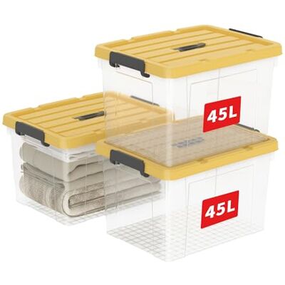 Cetomo 45L*3 Scatole di Stoccaggio, Scatole Portaoggetti con Coperchio, Organizzatore con Manico, Contenitori per Casa e Ufficio, Impilabile, Resistente, Chiaro, Giallo, Plastica, 45L-Confezione da 3 Cetomo 45L*3 Scatole di Stoccaggio, Scatole Portaoggetti con Coperchio, Organizzatore con Manico, Contenitori per Casa e Ufficio, Impilabile, Resistente, Chiaro, Giallo, Plastica, 45L-Confezione da 3