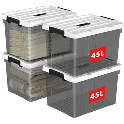 Cetomo 45L*4 Scatole di Stoccaggio in Plastica, Scatole Portaoggetti con Coperchio, Organizzatore con Manico, Contenitori per Casa e Ufficio, Impilabile, Resistente, Nero Chiaro, 45L Confezione da 4 Cetomo 45L*4 Scatole di Stoccaggio in Plastica, Scatole Portaoggetti con Coperchio, Organizzatore con Manico, Contenitori per Casa e Ufficio, Impilabile, Resistente, Nero Chiaro, 45L Confezione da 4