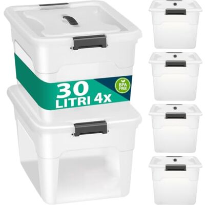 BAKAJI Set 4 Contenitori con Coperchio per Vesiti in Plastica, Portaoggetti Impilabile per Stoccaggio Vestiti, Scatole per armadio, Giocattoli, Libri, Salvaspazio (4 x 30 Lt Alto) BAKAJI Set 4 Contenitori con Coperchio per Vesiti in Plastica, Portaoggetti Impilabile per Stoccaggio Vestiti, Scatole per armadio, Giocattoli, Libri, Salvaspazio (4 x 30 Lt Alto)