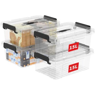Cetomo 15L*4 Scatole di Stoccaggio in Plastica, Scatole Portaoggetti con Coperchio, Organizzatore con Manico, Contenitori per Casa e Ufficio, Impilabile, Resistente, Trasparente, 15L Confezione da 4 Cetomo 15L*4 Scatole di Stoccaggio in Plastica, Scatole Portaoggetti con Coperchio, Organizzatore con Manico, Contenitori per Casa e Ufficio, Impilabile, Resistente, Trasparente, 15L Confezione da 4