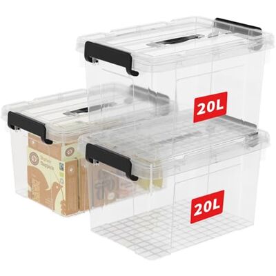Cetomo 20L*3 Scatole di Stoccaggio in Plastica, Scatole Portaoggetti con Coperchio, Organizzatore con Manico, Contenitori per Casa e Ufficio, Impilabile, Resistente, Trasparente, 20L Confezione da 3 Cetomo 20L*3 Scatole di Stoccaggio in Plastica, Scatole Portaoggetti con Coperchio, Organizzatore con Manico, Contenitori per Casa e Ufficio, Impilabile, Resistente, Trasparente, 20L Confezione da 3
