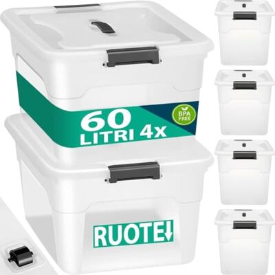 BAKAJI Set 4 Contenitori con Coperchio per Vesiti in Plastica con Ruote, Portaoggetti Impilabile per Stoccaggio Vestiti, Scatole per armadio, Giocattoli, Libri, Salvaspazio (4 x 60 Lt Alto) BAKAJI Set 4 Contenitori con Coperchio per Vesiti in Plastica con Ruote, Portaoggetti Impilabile per Stoccaggio Vestiti, Scatole per armadio, Giocattoli, Libri, Salvaspazio (4 x 60 Lt Alto)