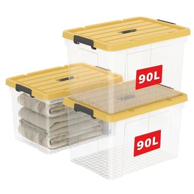 Cetomo 90L*3 Scatole di Stoccaggio, Scatole Portaoggetti con Coperchio, Organizzatore con Manico, Contenitori per Casa e Ufficio, Impilabile, Resistente, Chiaro, Giallo, Plastica, 90L-Confezione da 3 Cetomo 90L*3 Scatole di Stoccaggio, Scatole Portaoggetti con Coperchio, Organizzatore con Manico, Contenitori per Casa e Ufficio, Impilabile, Resistente, Chiaro, Giallo, Plastica, 90L-Confezione da 3