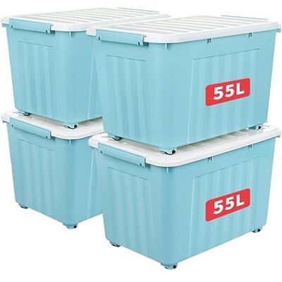 Cetomo 55L*4 Scatole di Stoccaggio con Coperchi, Contenitori in Plastica con Ruote, Clip On, Impilabili, Incastonabili, Organizzatore a Righe per Casa Ufficio, Blu, 55L-4 Pezzi Cetomo 55L*4 Scatole di Stoccaggio con Coperchi, Contenitori in Plastica con Ruote, Clip On, Impilabili, Incastonabili, Organizzatore a Righe per Casa Ufficio, Blu, 55L-4 Pezzi