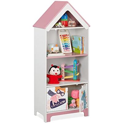 Relaxdays Scaffale Portagiochi, Motivo Super Woman, Cameretta Bambini, con 4 Scomparti e Ante, 93x63x28 cm, Bianco Rosa Relaxdays Scaffale Portagiochi, Motivo Super Woman, Cameretta Bambini, con 4 Scomparti e Ante, 93x63x28 cm, Bianco Rosa