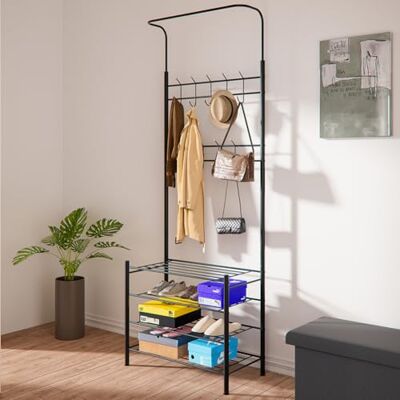 BAKAJI Appendiabiti da Ingresso con scarpiera in Metallo, Struttura Robusta, Stand Appendi Abiti da Terra Salvaspazio 18 ganci per Soggiorno, Ideale per Cappotti, Cappelli, Borse, Scarpe (4 Ripiani) BAKAJI Appendiabiti da Ingresso con scarpiera in Metallo, Struttura Robusta, Stand Appendi Abiti da Terra Salvaspazio 18 ganci per Soggiorno, Ideale per Cappotti, Cappelli, Borse, Scarpe (4 Ripiani)