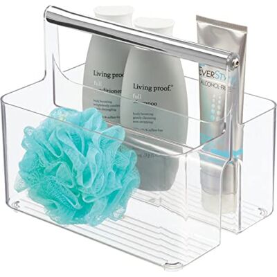 mDesign Cesto portaoggetti Bagno in plastica – Scatola per Armadio con Manico in Metallo – Contenitore salvaspazio con 2 pratici Scomparti per Creme, Trucchi e Molto Altro – Trasparente/Argento mDesign Cesto portaoggetti Bagno in plastica – Scatola per Armadio con Manico in Metallo – Contenitore salvaspazio con 2 pratici Scomparti per Creme, Trucchi e Molto Altro – Trasparente/Argento