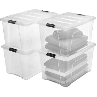 Iris Ohyama Scatole Portaoggetti in con Coperchio, 45L, Lotto di 4, Trasparente, Clip di Bloccaggio, Empilabile, Maniglia, Per Camera, Armadio, Ufficio, Organizzatore, Senza BPA, DDNTB-45 Iris Ohyama Scatole Portaoggetti in con Coperchio, 45L, Lotto di 4, Trasparente, Clip di Bloccaggio, Empilabile, Maniglia, Per Camera, Armadio, Ufficio, Organizzatore, Senza BPA, DDNTB-45