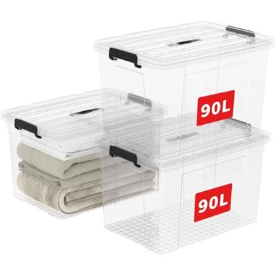 Cetomo 90L*3 Scatole di Stoccaggio in Plastica, Scatole Portaoggetti con Coperchio, Organizzatore con Manico, Contenitori per Casa e Ufficio, Impilabile, Resistente, Trasparente, 90L Confezione da 3 Cetomo 90L*3 Scatole di Stoccaggio in Plastica, Scatole Portaoggetti con Coperchio, Organizzatore con Manico, Contenitori per Casa e Ufficio, Impilabile, Resistente, Trasparente, 90L Confezione da 3