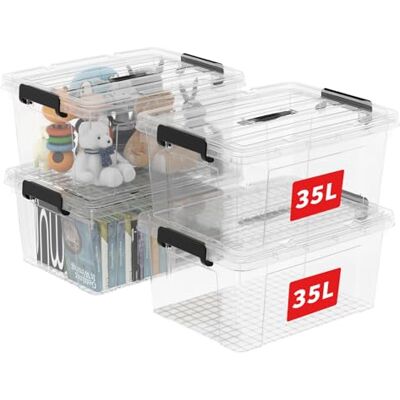 Cetomo 35L*4 Scatole di Stoccaggio in Plastica, Scatole Portaoggetti con Coperchio, Organizzatore con Manico, Contenitori per Casa e Ufficio, Impilabile, Resistente, Trasparente, 35L Confezione da 4 Cetomo 35L*4 Scatole di Stoccaggio in Plastica, Scatole Portaoggetti con Coperchio, Organizzatore con Manico, Contenitori per Casa e Ufficio, Impilabile, Resistente, Trasparente, 35L Confezione da 4