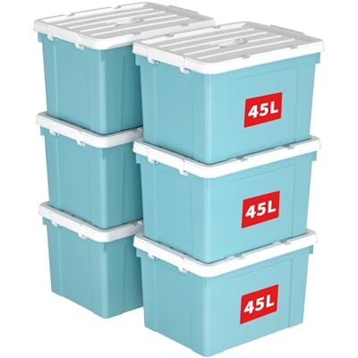 Cetomo 45L*6 Scatole di Stoccaggio in Plastica, Scatole Portaoggetti con Coperchio, Organizzatore con Manico, Contenitori per Casa e Ufficio, Impilabile, Resistente, Blu, 45L Confezione da 6 Cetomo 45L*6 Scatole di Stoccaggio in Plastica, Scatole Portaoggetti con Coperchio, Organizzatore con Manico, Contenitori per Casa e Ufficio, Impilabile, Resistente, Blu, 45L Confezione da 6