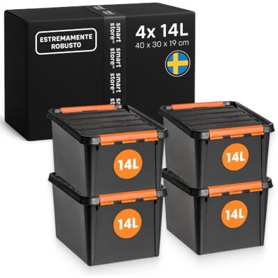 SmartStore Scatola portaoggetti in plastica con coperchio I 14 litri I Garage, scaffali, trasloco I Set da 4 scatole impilabili a clip I Portautensili I Senza BPA I 40 x 30 x 19 cm SmartStore Scatola portaoggetti in plastica con coperchio I 14 litri I Garage, scaffali, trasloco I Set da 4 scatole impilabili a clip I Portautensili I Senza BPA I 40 x 30 x 19 cm