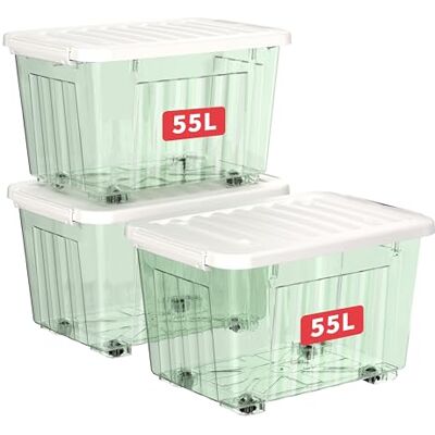 Cetomo 55L*3 Scatole di Stoccaggio con Coperchi, Contenitori in Plastica con Ruote, Clip On, Impilabili, Incastonabili, Organizzatore a Righe per Casa Ufficio, Verde Chiaro, 55L-3 Pezzi Cetomo 55L*3 Scatole di Stoccaggio con Coperchi, Contenitori in Plastica con Ruote, Clip On, Impilabili, Incastonabili, Organizzatore a Righe per Casa Ufficio, Verde Chiaro, 55L-3 Pezzi
