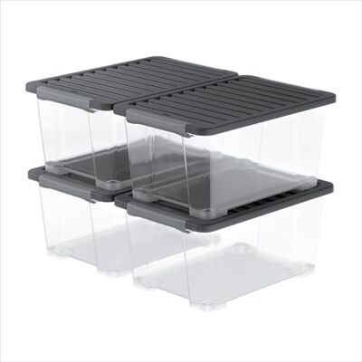 Rotho CORE Plus Scatole portaoggetti con coperchio, robuste maniglie in plastica richiudibili, per alimenti, trasparente/nero (4 x 44 l) Rotho CORE Plus Scatole portaoggetti con coperchio, robuste maniglie in plastica richiudibili, per alimenti, trasparente/nero (4 x 44 l)