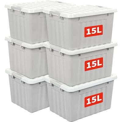 Cetomo 15L*6 Scatole di Stoccaggio con Coperchi, Contenitori in Plastica con Fibbie di Chiusura, Clip On, Impilabili, Incastonabili, Organizzatore a Righe per Casa Ufficio, Grigio, 15L-6 Pezzi Cetomo 15L*6 Scatole di Stoccaggio con Coperchi, Contenitori in Plastica con Fibbie di Chiusura, Clip On, Impilabili, Incastonabili, Organizzatore a Righe per Casa Ufficio, Grigio, 15L-6 Pezzi