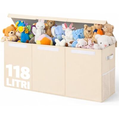 BAKAJI Scatole Portagiochi per Bambini, Scatola Portaoggetti con Coperchio e 3 Scomparti, Porta Giochi da Cameretta Pieghevole in TNT, Scatole Organizer Box Capacità 118 Litri, 91.5x32x40.5cm (Beige) BAKAJI Scatole Portagiochi per Bambini, Scatola Portaoggetti con Coperchio e 3 Scomparti, Porta Giochi da Cameretta Pieghevole in TNT, Scatole Organizer Box Capacità 118 Litri, 91.5x32x40.5cm (Beige)