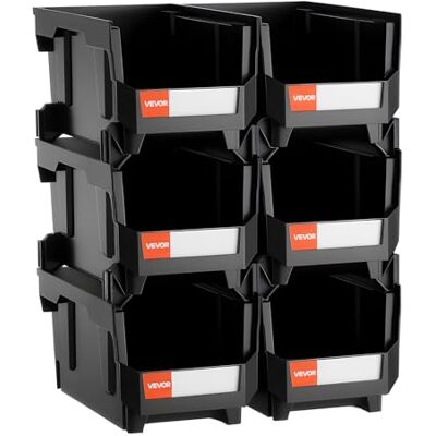 VEVOR Contenitori Impilabili in Plastica, 377 x 215 x 180 mm, 6 Pezzi, Contenitori in Plastica per Organizzare Oggetti in Armadio, Garage, Piccole Parti, Forniture per Ufficio, Altri Accessori, Nero VEVOR Contenitori Impilabili in Plastica, 377 x 215 x 180 mm, 6 Pezzi, Contenitori in Plastica per Organizzare Oggetti in Armadio, Garage, Piccole Parti, Forniture per Ufficio, Altri Accessori, Nero