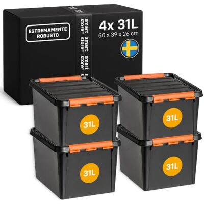 SmartStore Scatola portaoggetti in plastica con coperchio I 31 litri I Garage, scaffali, trasloco I Set da 4 scatole impilabili a clip I Portautensili I Senza BPA I 50 x 39 x 26 cm SmartStore Scatola portaoggetti in plastica con coperchio I 31 litri I Garage, scaffali, trasloco I Set da 4 scatole impilabili a clip I Portautensili I Senza BPA I 50 x 39 x 26 cm