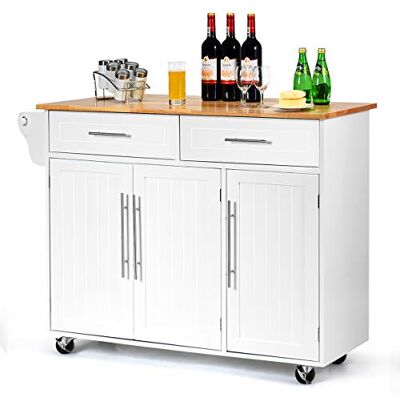 COSTWAY Carrello da Cucina, Carrello di Servizio con Ruote e Maniglia, 3 Ante e 2 Cassetti, Ideale per Cucina Ristorante Bar, 122x46x92,3 cm (Bianco) COSTWAY Carrello da Cucina, Carrello di Servizio con Ruote e Maniglia, 3 Ante e 2 Cassetti, Ideale per Cucina Ristorante Bar, 122x46x92,3 cm (Bianco)