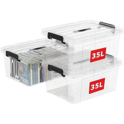 Cetomo 35L*3 Scatole di Stoccaggio in Plastica, Scatole Portaoggetti con Coperchio, Organizzatore con Manico, Contenitori per Casa e Ufficio, Impilabile, Resistente, Trasparente, 35L Confezione da 3 Cetomo 35L*3 Scatole di Stoccaggio in Plastica, Scatole Portaoggetti con Coperchio, Organizzatore con Manico, Contenitori per Casa e Ufficio, Impilabile, Resistente, Trasparente, 35L Confezione da 3