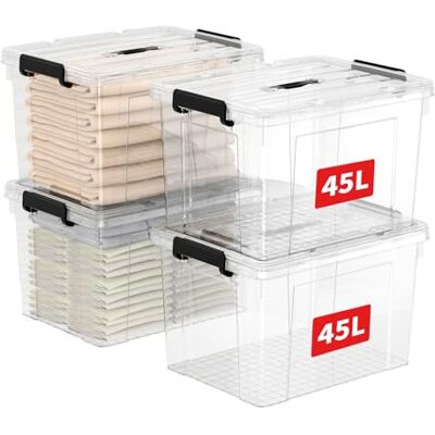 Cetomo 45L*4 Scatole di Stoccaggio in Plastica, Scatole Portaoggetti con Coperchio, Organizzatore con Manico, Contenitori per Casa e Ufficio, Impilabile, Resistente, Trasparente, 45L Confezione da 4 Cetomo 45L*4 Scatole di Stoccaggio in Plastica, Scatole Portaoggetti con Coperchio, Organizzatore con Manico, Contenitori per Casa e Ufficio, Impilabile, Resistente, Trasparente, 45L Confezione da 4